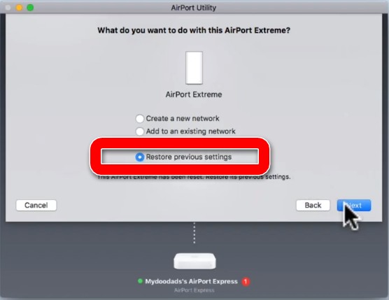 Восстановите предыдущие настройки в роутере Apple